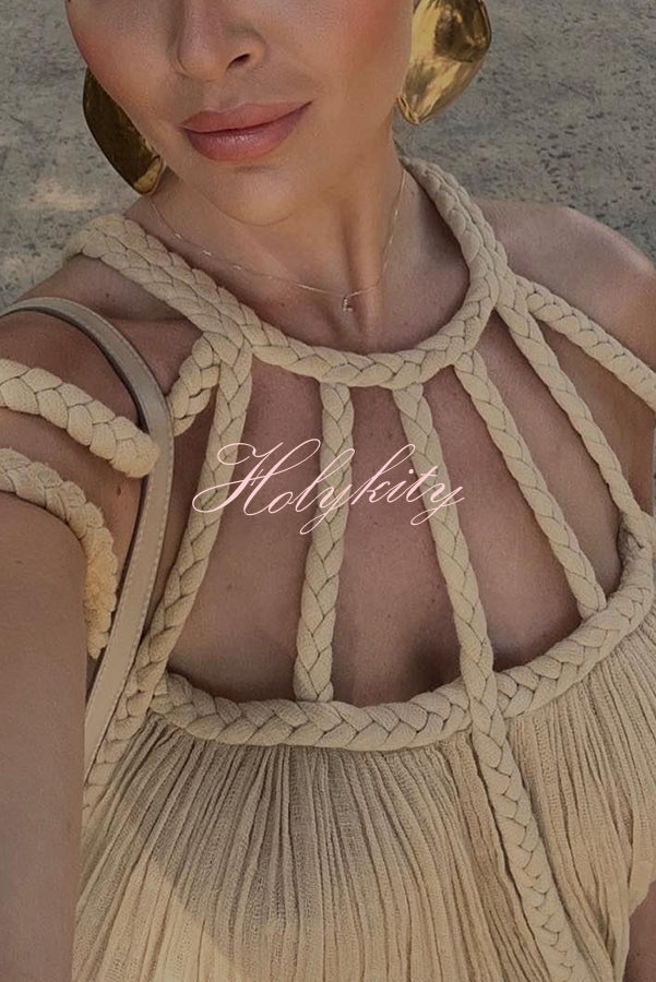 Modern and Sophisticated Linen Blend Draped Braids Cover Up Maxi Dress-tidenox