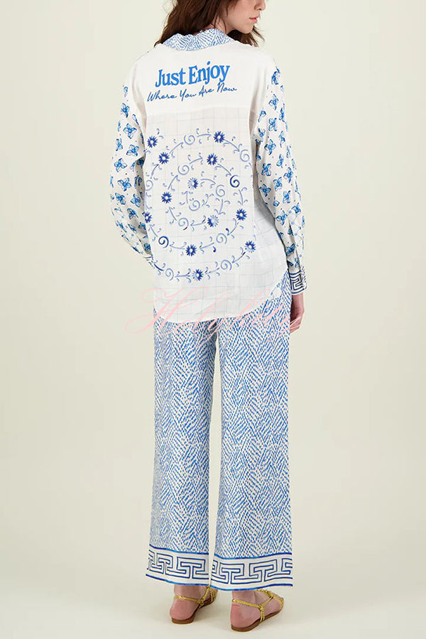 Stylized Dragon Satin Unique Print Long Sleeve Loose Shirt and Elastic Waist Pants Set-tidenox