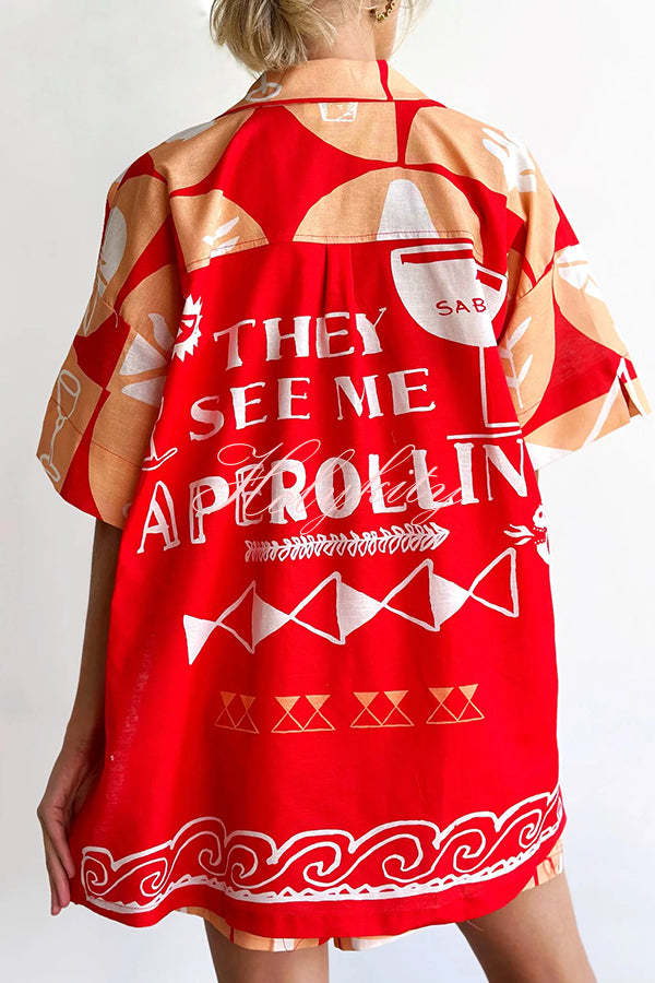 Linen Blend Unique Printed Shirt Top and Elastic Waisted Loose Pocket Shorts Set-tidenox