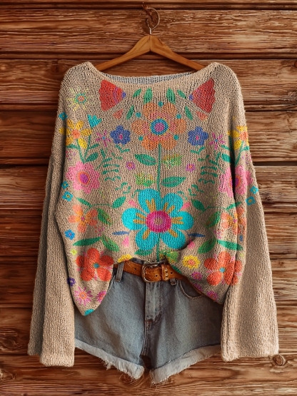 Women's Bohemian Floral Art Print Casual Pullover Sweater-tidenox