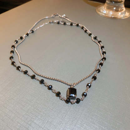 Black Pearl Double Strand Silver Necklace-tidenox