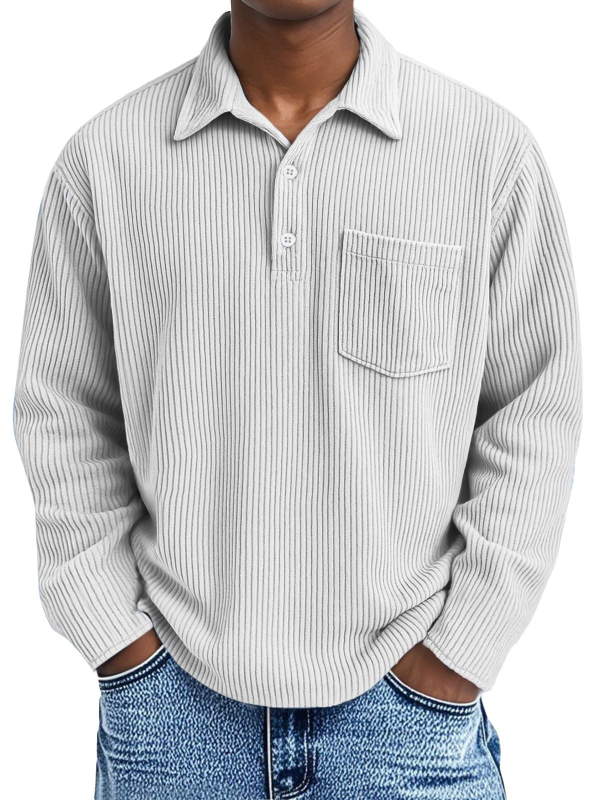 Men's corduroy Simple Solid Color Pit Lapel Button Long Sleeve POLO Shirt -tidenox