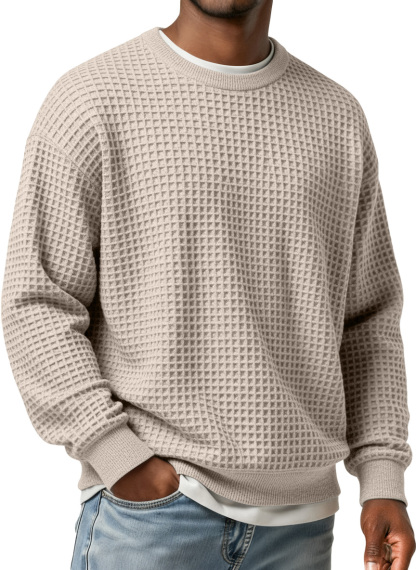 Men's Simple Waffle Round Neck Loose Casual Long-sleeved T-shirt-tidenox