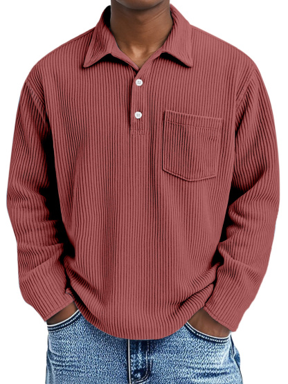 Men's corduroy Simple Solid Color Pit Lapel Button Long Sleeve POLO Shirt -tidenox