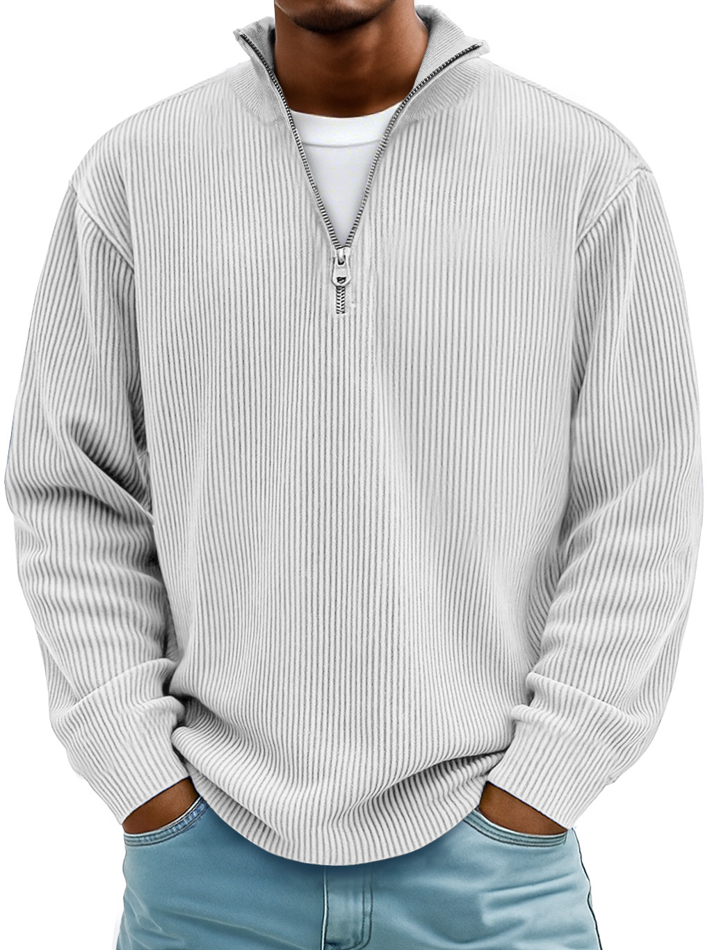 Men's Simple Casual Ribbed Stand Collar Zipper Long Sleeve T-shirt-tidenox
