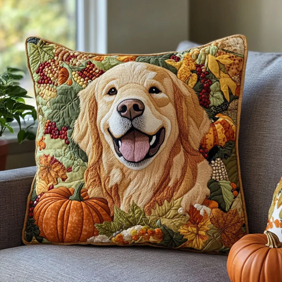Autumn Golden Retriever Quilted Pillow