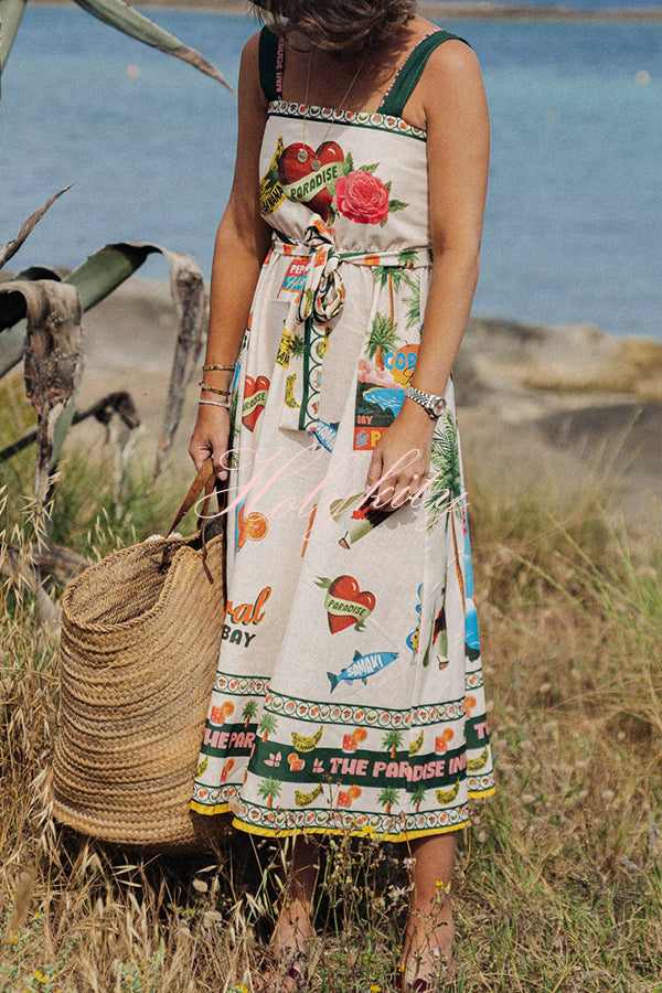 Summer Vibes Linen Blend Unique Print Smocked Belt Midi Dress-tidenox