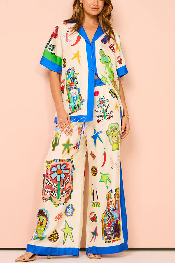 Vibrant Beach Satin Unique Print Colorblock Trim Button Down Oversized Blouse-tidenox