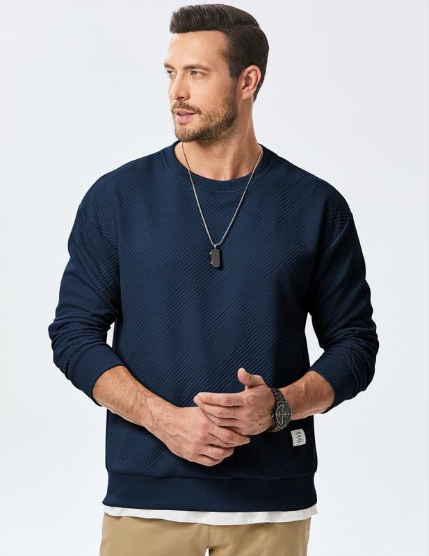 Men's Crewneck Sweatshirts Soild Color Geometric Texture Long Sleeve Casual Pullover Shirt-tidenox