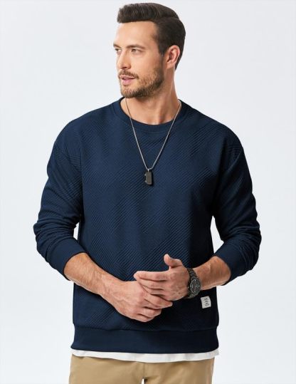Men's Crewneck Sweatshirts Soild Color Geometric Texture Long Sleeve Casual Pullover Shirt-tidenox
