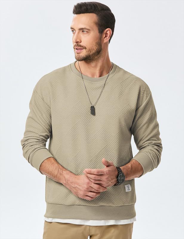 Men's Crewneck Sweatshirts Soild Color Geometric Texture Long Sleeve Casual Pullover Shirt-tidenox