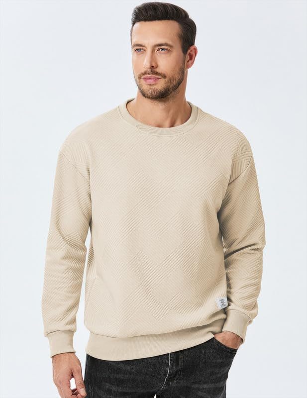 Men's Crewneck Sweatshirts Soild Color Geometric Texture Long Sleeve Casual Pullover Shirt-tidenox