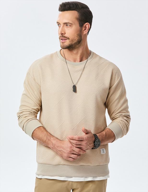 Men's Crewneck Sweatshirts Soild Color Geometric Texture Long Sleeve Casual Pullover Shirt-tidenox