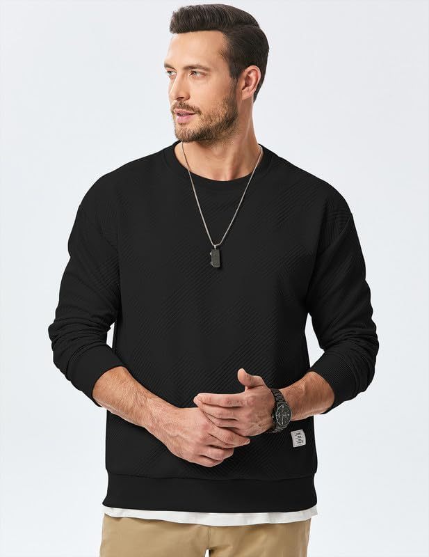 Men's Crewneck Sweatshirts Soild Color Geometric Texture Long Sleeve Casual Pullover Shirt-tidenox