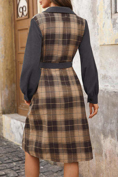 Retro Plaid Patchwork Casual Belt Workplace Style Midi Dress-tidenox