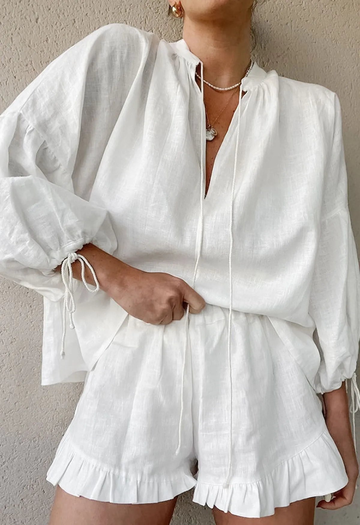 Women's Lantern Sleeve Drawstring Shirt and Shorts Set-tidenox