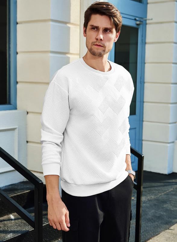 Men's Crewneck Sweatshirts Soild Color Geometric Texture Long Sleeve Casual Pullover Shirt-tidenox