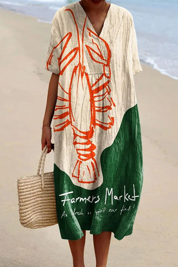 Unique Marine Print V-neck Short-sleeved Midi Dress-tidenox