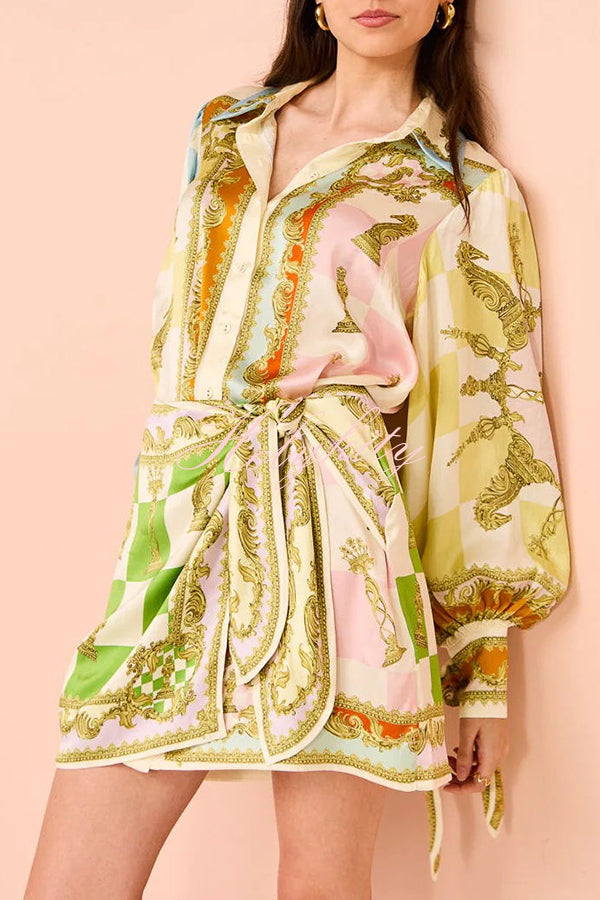 Vacay Mode Satin Unique Print Tie-up Design Wrap Mini Dress-tidenox