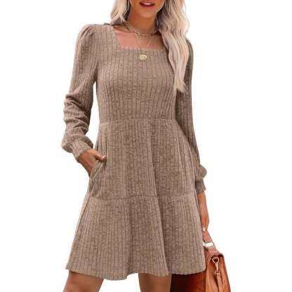 🍂Last Day Promotion 49% OFF🔥Womens Square Neck Long Sleeve Fall Dresses Casual Babydoll Sweater Dress-tidenox