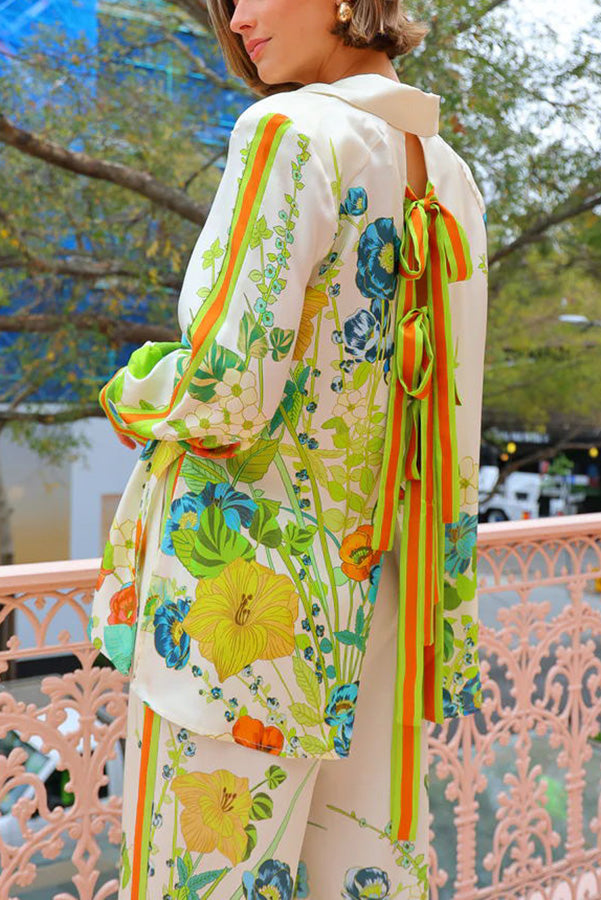 Antibes Satin Floral Print Back Tie-up Button Down Oversized Blouse-tidenox