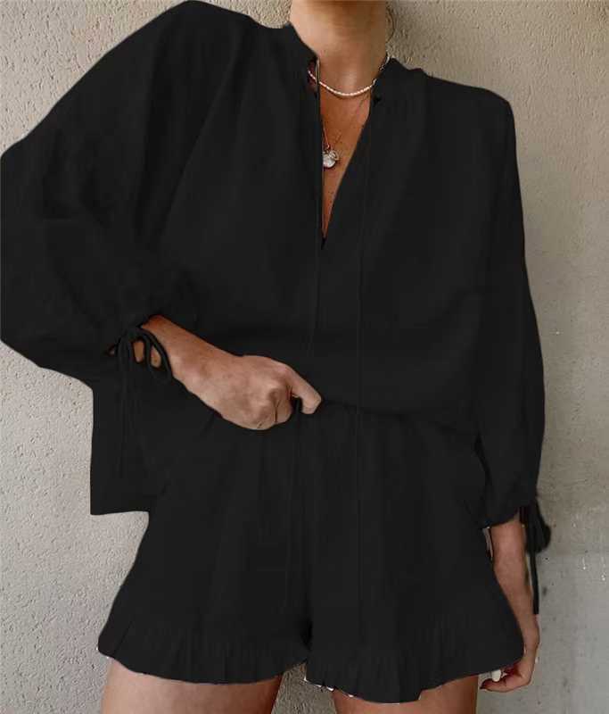 Women's Lantern Sleeve Drawstring Shirt and Shorts Set-tidenox