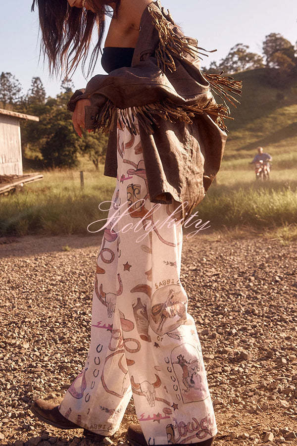 Linen Blend Unique Printed Short-sleeved Shirt and Elastic Waisted Baggy Pants Set-tidenox