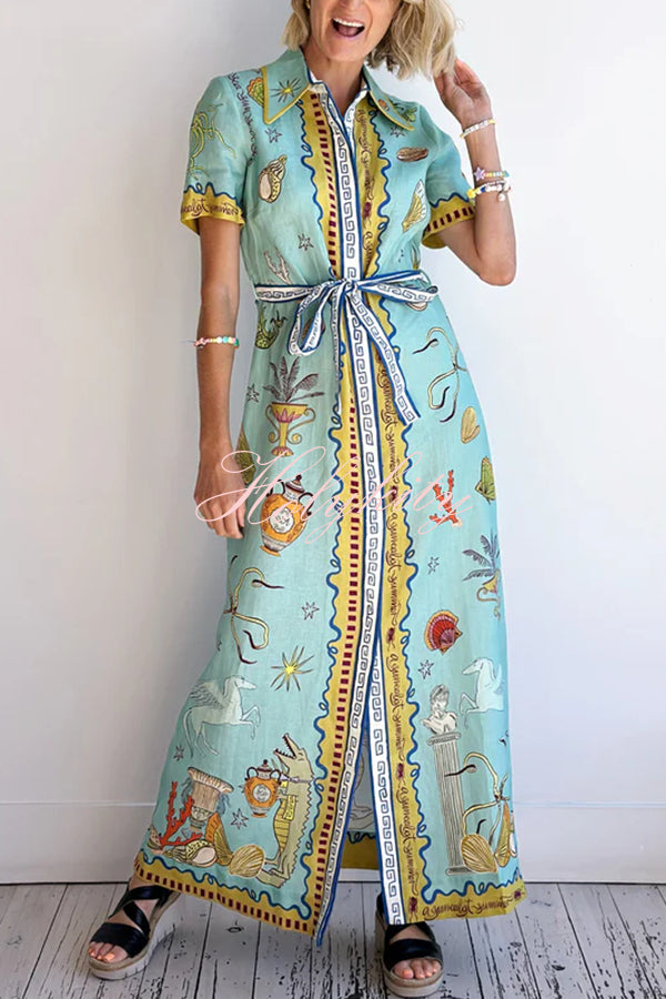 Deep Sea Dreaming Linen Blend Unique Print Short Sleeve Tie-up Shirt Maxi Dress-tidenox