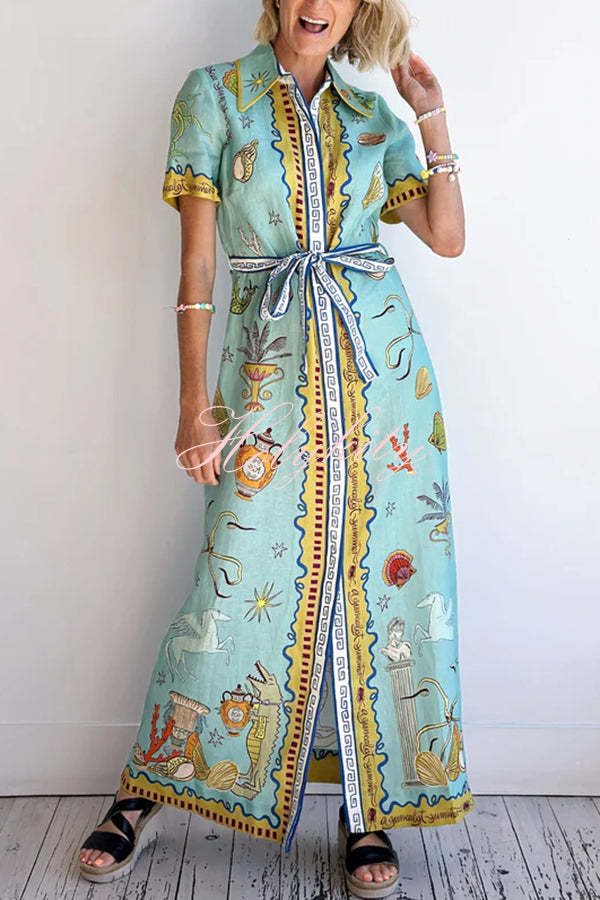Deep Sea Dreaming Linen Blend Unique Print Short Sleeve Tie-up Shirt Maxi Dress-tidenox