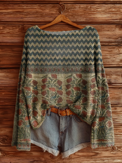 Women's Vintage Bohemian Floral Art Print Casual Pullover Sweater-tidenox
