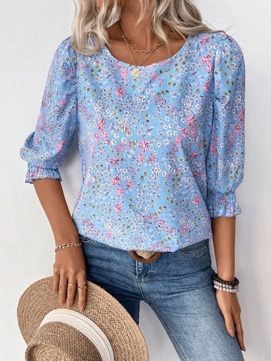 Hot Sale-Women Dressy Casual 3/4 Length Sleeve Blouses with Smocked Cuffs-tidenox
