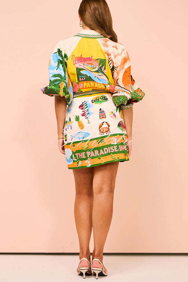 Summer Sophistication Linen Blend Unique Print Belted Pocket Shirt Mini Dress-tidenox