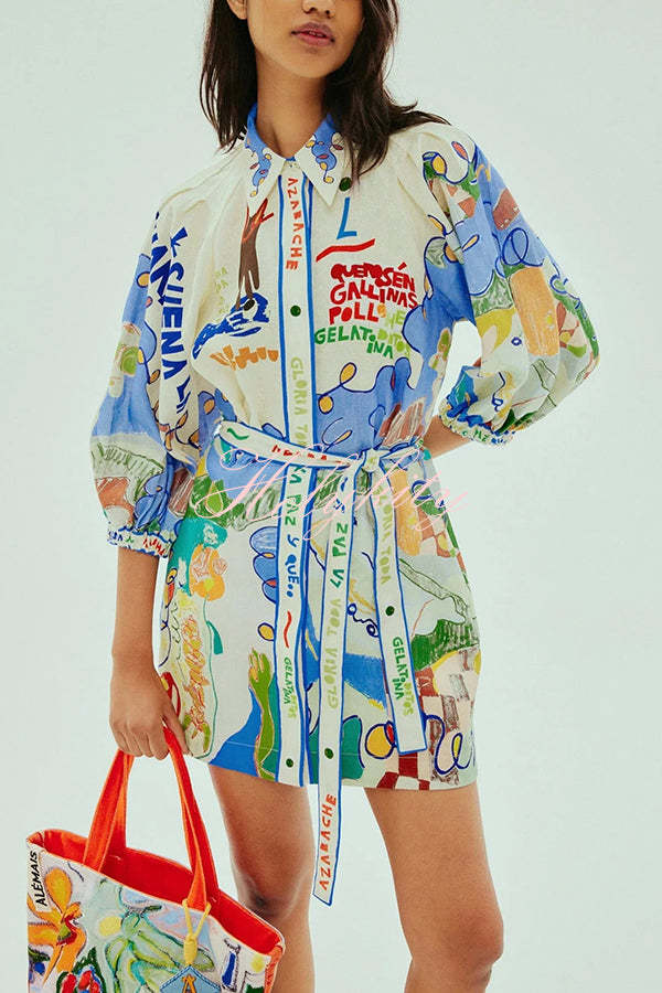 Phebe Linen Blend Unique Print Pocket Waist Tie Mini Dress-tidenox