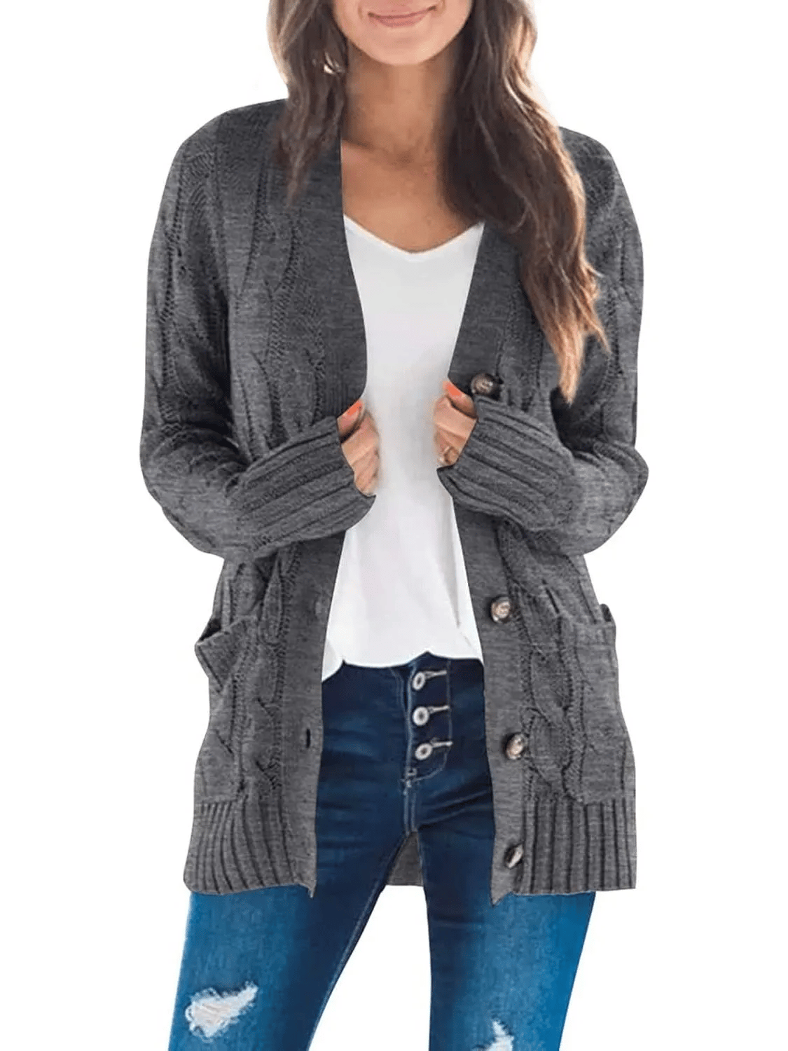 Women's Fall Casual Long Sleeve Button Down Open Front Cable Knit Cardigan-tidenox