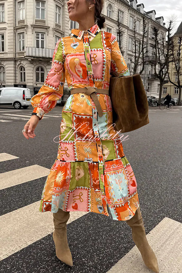 Linen Blend Unique Printed Long Sleeve Lapel Tie-waist Midi Dress-tidenox