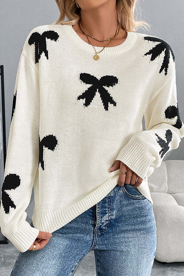 Christmas Contrast Bow Round Neck Long Sleeve Loose Knitted Sweater-tidenox
