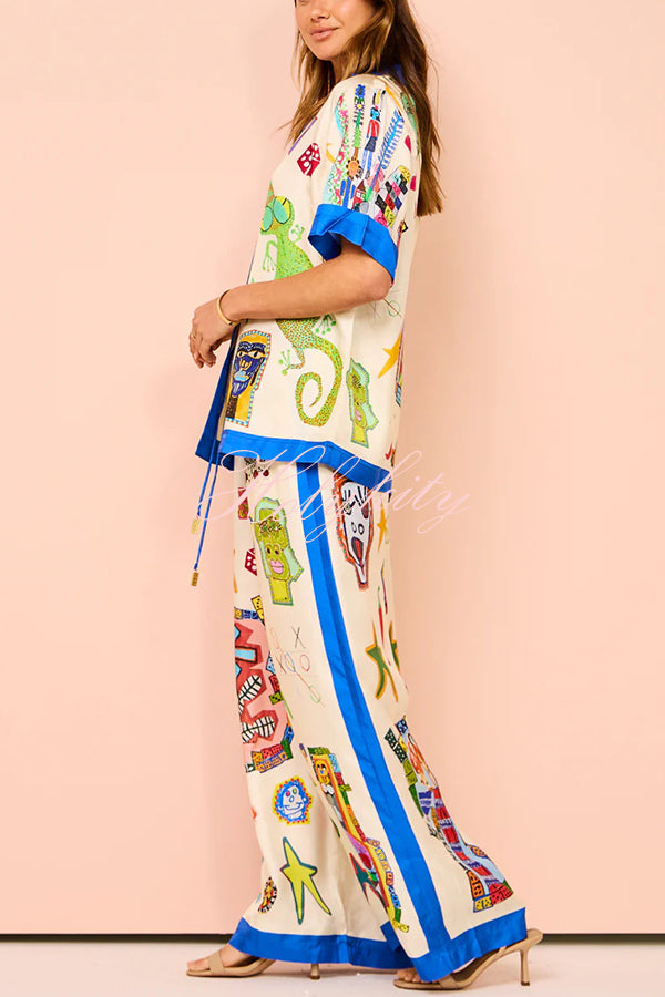 Vibrant Beach Satin Unique Print Colorblock Trim Elastic Waist Pocketed Wide Leg Pants-tidenox
