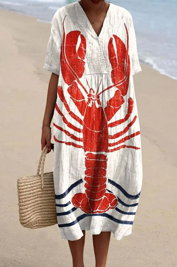 Unique Marine Print V-neck Short-sleeved Midi Dress-tidenox