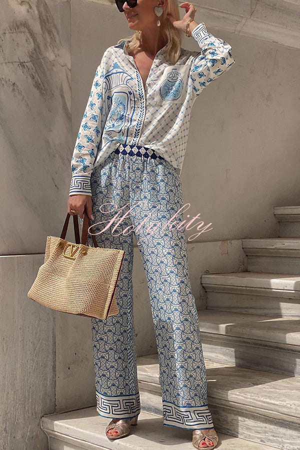 Stylized Dragon Satin Unique Print Long Sleeve Loose Shirt and Elastic Waist Pants Set-tidenox