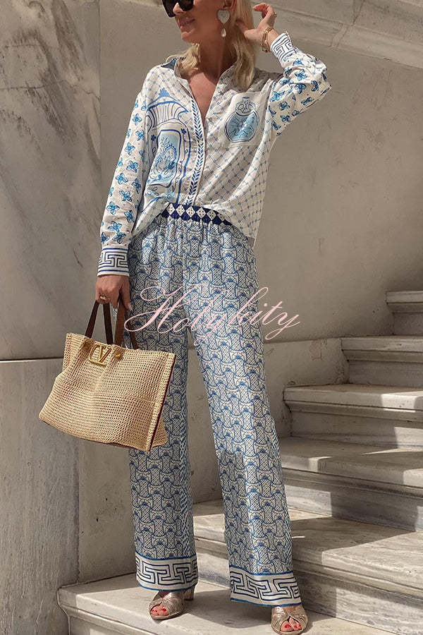 Stylized Dragon Satin Unique Print Long Sleeve Loose Shirt and Elastic Waist Pants Set-tidenox