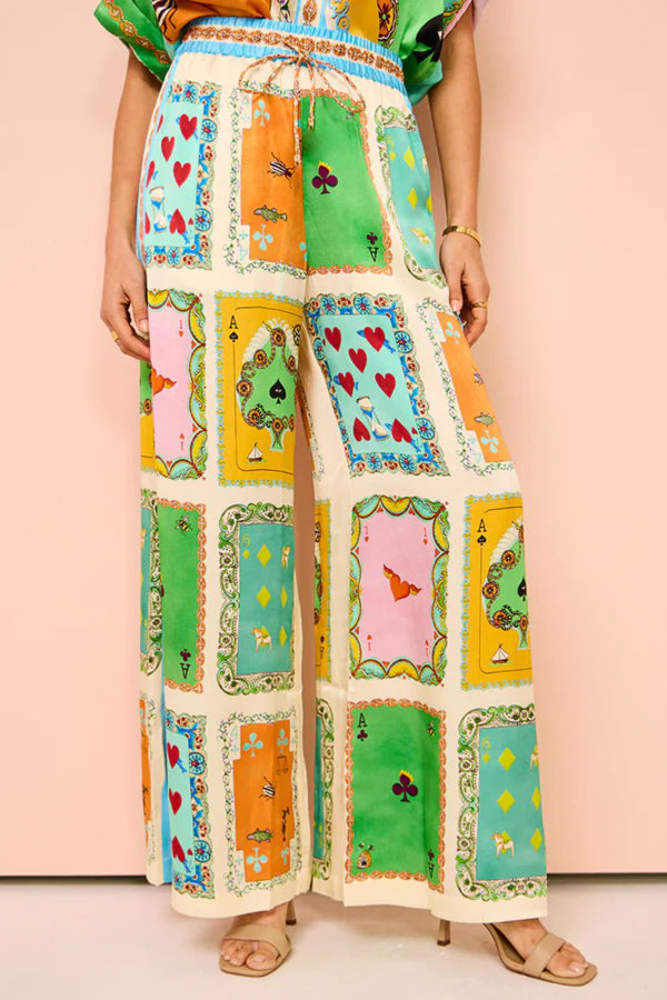Funny Poker Summer Satin Unique Print Elastic Waist Pocketed Wide Leg Pants-tidenox