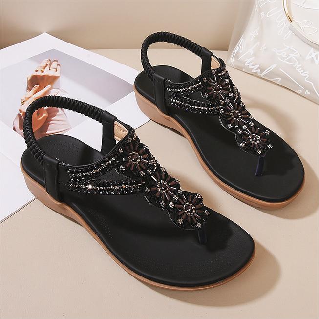 Women's Flat Sandals Ladies Thong Flat Sandals Bohemian Beaded Strap Sandals Diamante Rhinestone Leather Sandals-tidenox