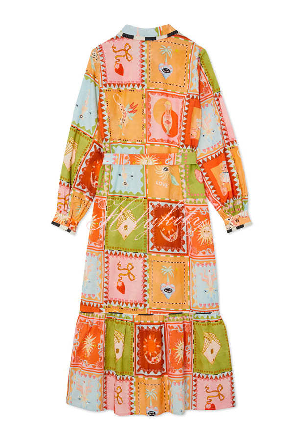 Linen Blend Unique Printed Long Sleeve Lapel Tie-waist Midi Dress-tidenox
