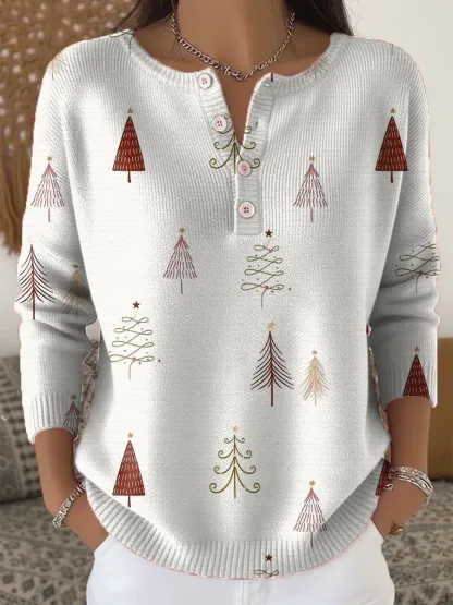 [Copy]Women's Christmas Tree Art Print Buttoned Cardigan Sweater
