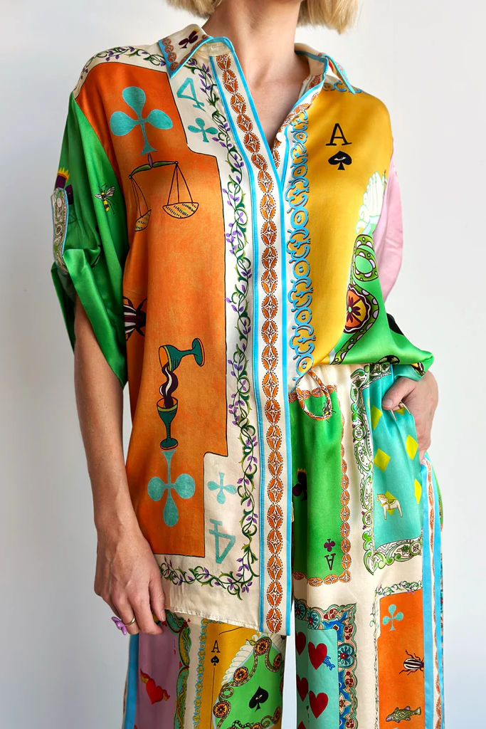 Funny Poker Summer Satin Unique Print Button Down Oversized Blouse-tidenox