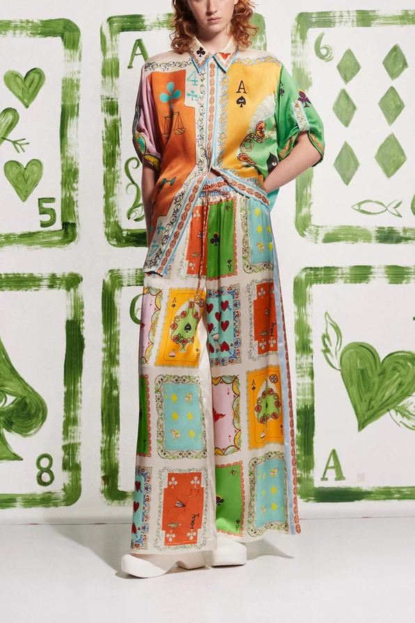 Funny Poker Summer Satin Unique Print Elastic Waist Pocketed Wide Leg Pants-tidenox