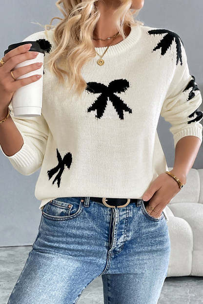 Christmas Contrast Bow Round Neck Long Sleeve Loose Knitted Sweater-tidenox