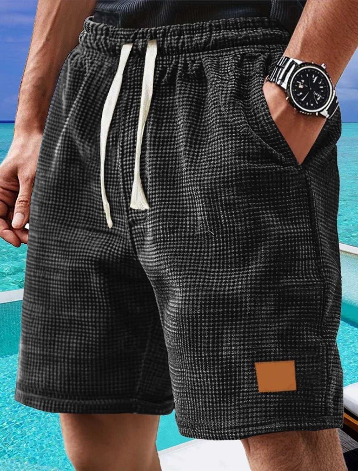 Men's Waffle Shorts Casual Shorts with Pockets, Elastic Waistband, Flat Front