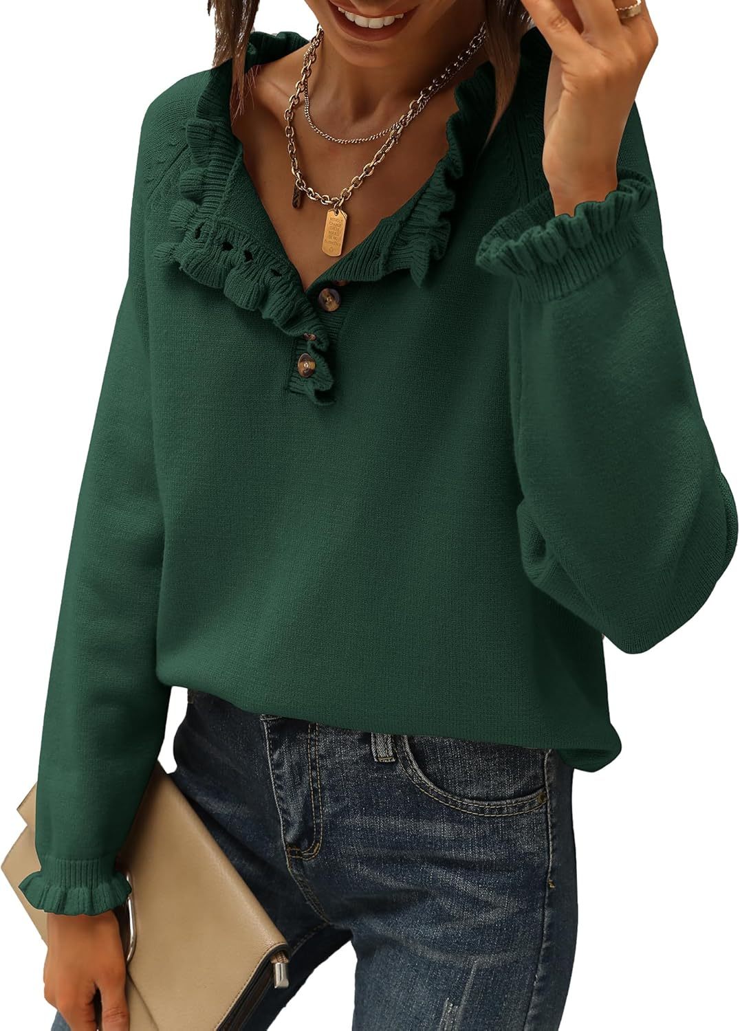 CLEARANCE SALE🔥Ruffle Trim Casual Knit Pullover Tops﻿(Buy 2 Free Shipping)-tidenox
