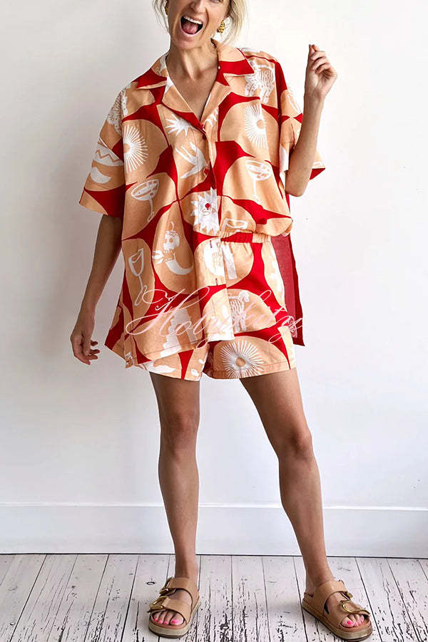 Linen Blend Unique Printed Shirt Top and Elastic Waisted Loose Pocket Shorts Set-tidenox
